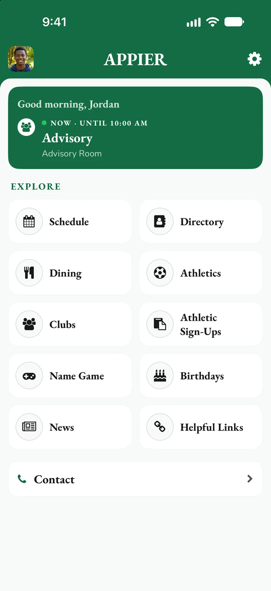 The Appier home screen: a greeting card and a grid of tiles for schedule, dining, athletics, directory, clubs and more.
